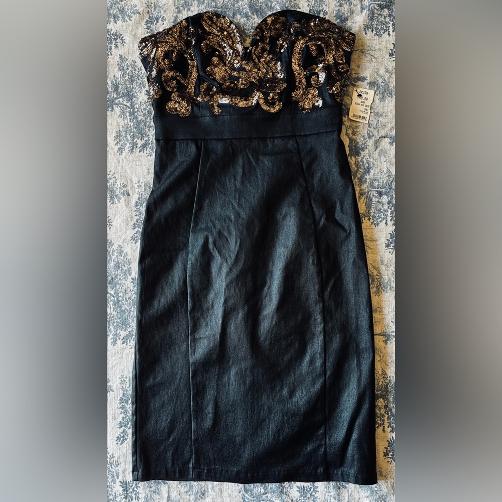 AKIRA black gold sequin strapless midi dress